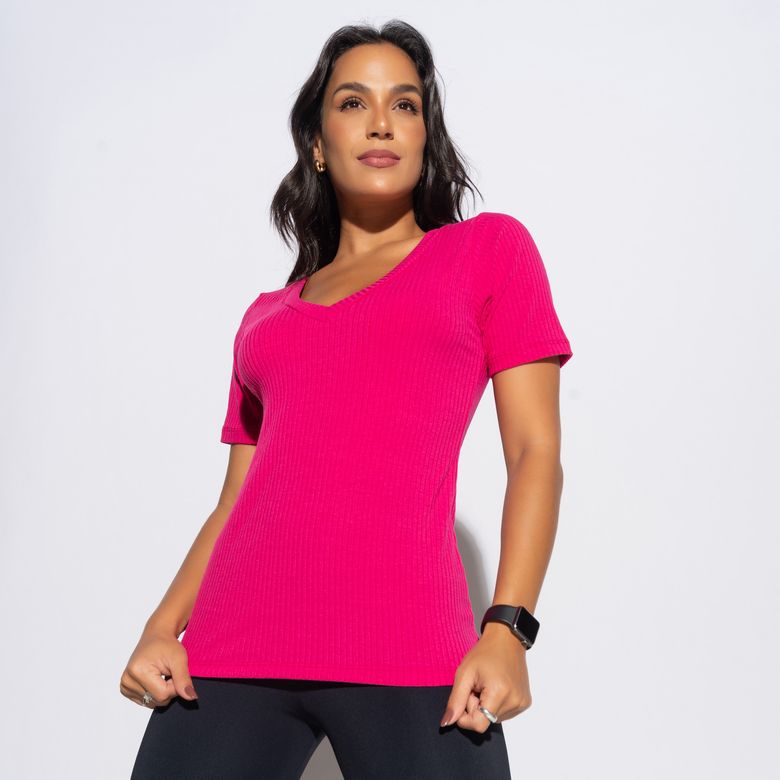 Blusa Fitness Canelada Gola V Rosa BL480