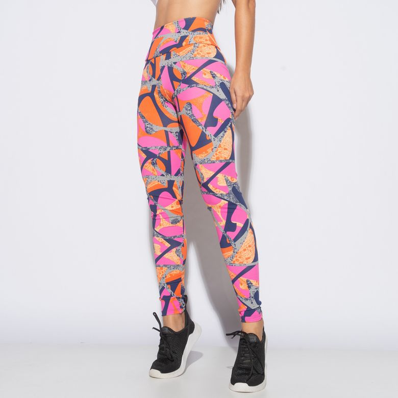 Legging Fitness Estampada Laranja com Rosa e Cinza LG2128