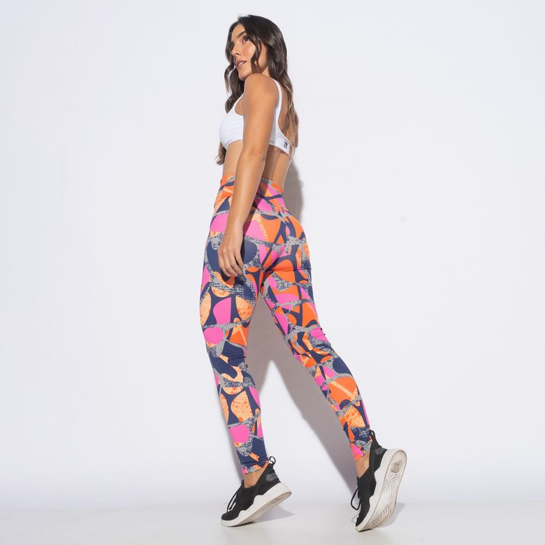 Legging Fitness Estampada Laranja com Rosa e Cinza LG2128