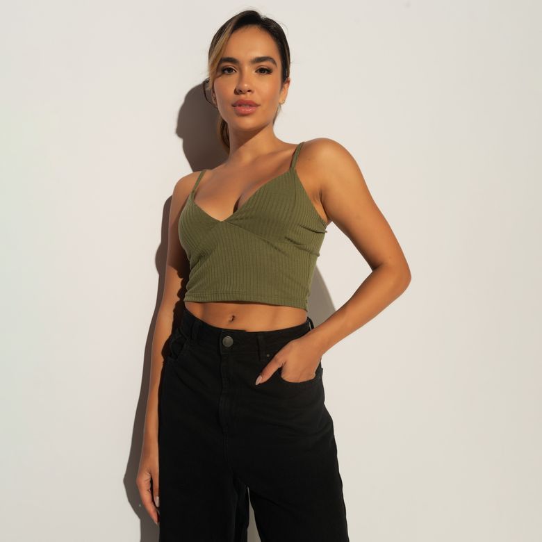 Cropped Fitness Canelado Verde Militar Alcinha CR130