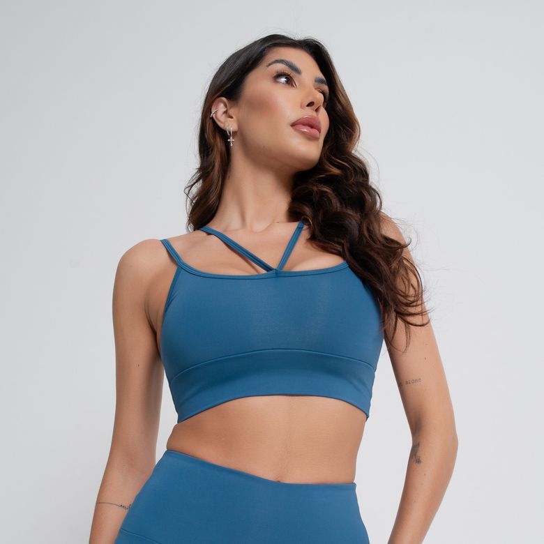 Top Fitness com Bojo Alça Dupla Azul Honey Sports TP1709