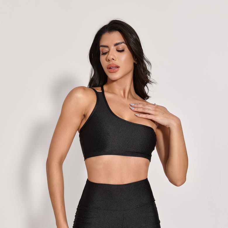 Top Fitness Canelado Assimétrico Preto Lumina TP1719