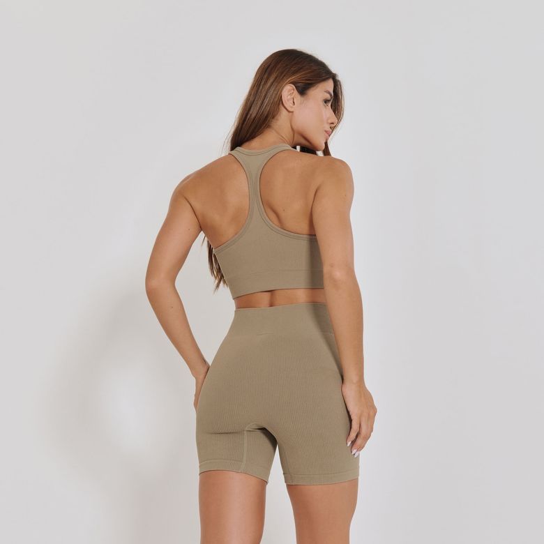 Short Fitness Sem Costura Canelado Bege SH797