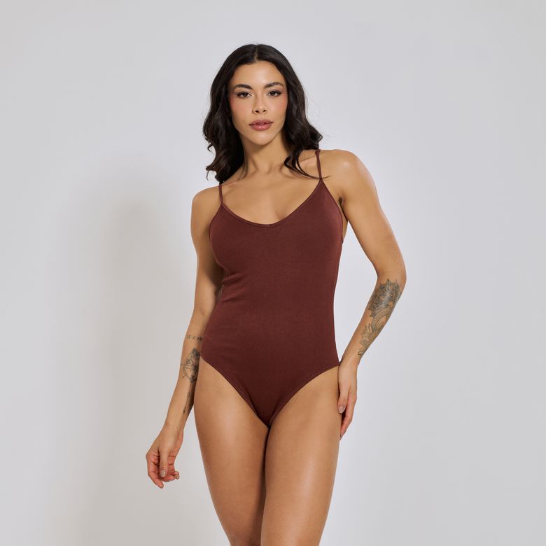 Body sem Costura Canelado Alça Fina Marrom BY237