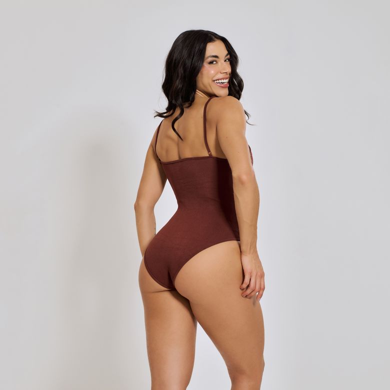 Body sem Costura Canelado Alça Fina Marrom BY237