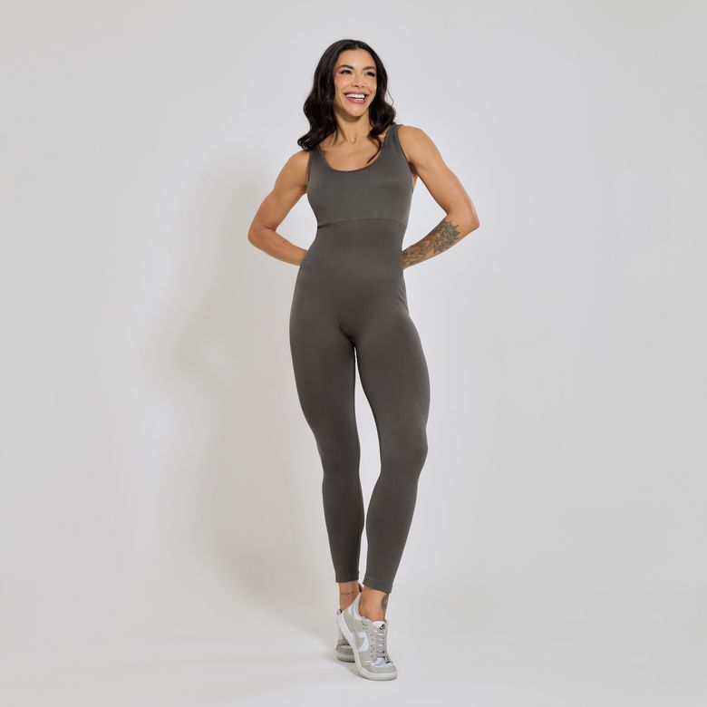 Macacão Fitness sem Costura Costas Cruzadas Cinza MC387