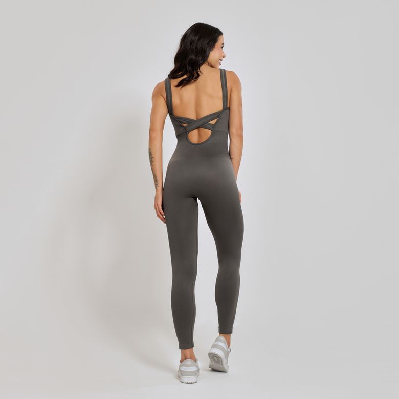 Macacão Fitness sem Costura Costas Cruzadas Cinza MC387