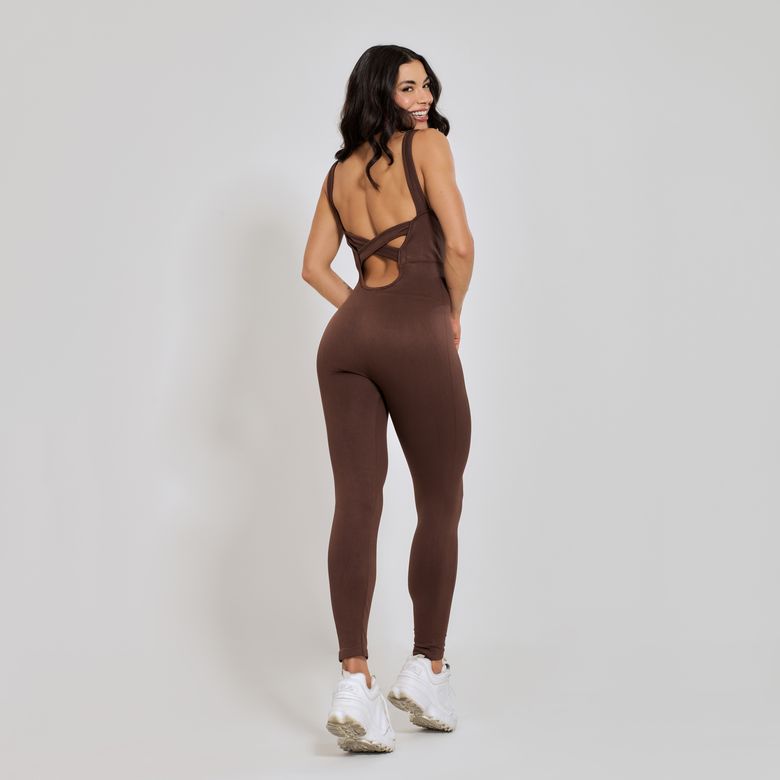 Macacão Fitness sem Costura Costas Cruzadas Marrom MC388