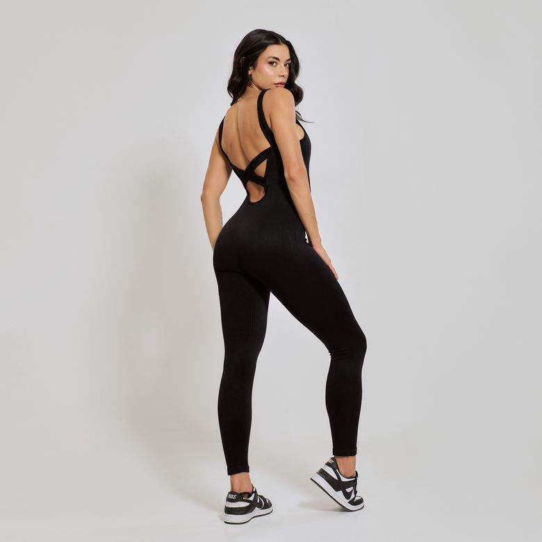 Macacão Fitness sem Costura Costas Cruzadas Preto MC389