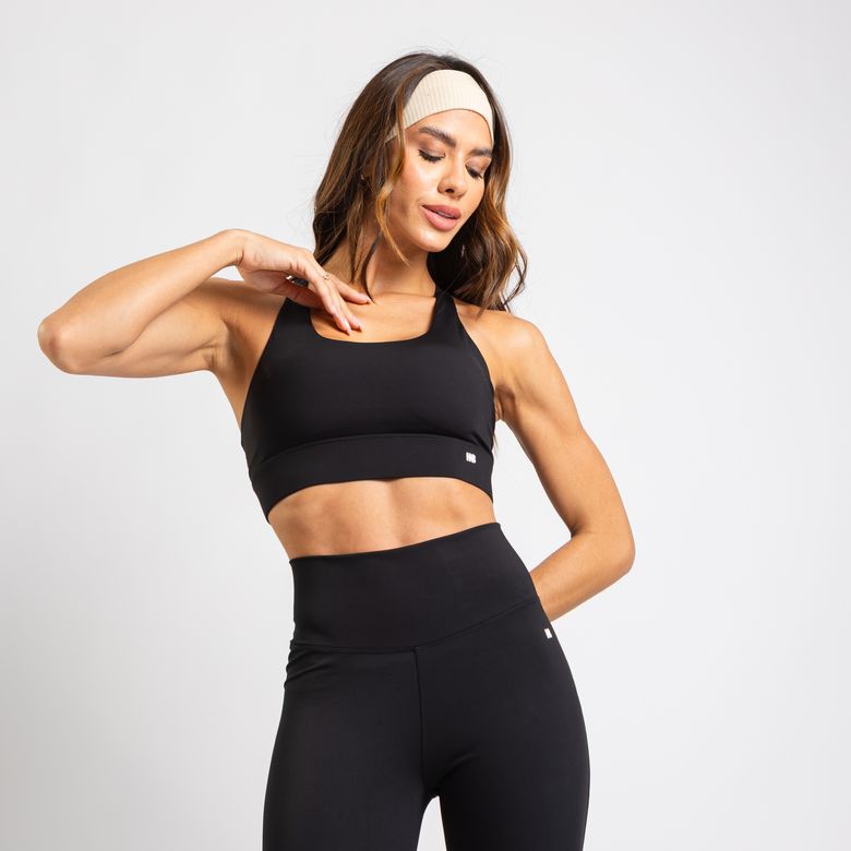 Top Fitness Poliamida Tecido Duplo Com Bojo Removível Fecho Triplo Lateral Larga Preto TP1823