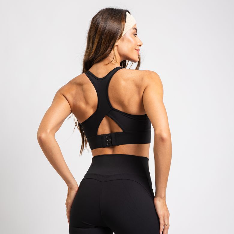 Top Fitness Poliamida Tecido Duplo Com Bojo Removível Fecho Triplo Lateral Larga Preto TP1823