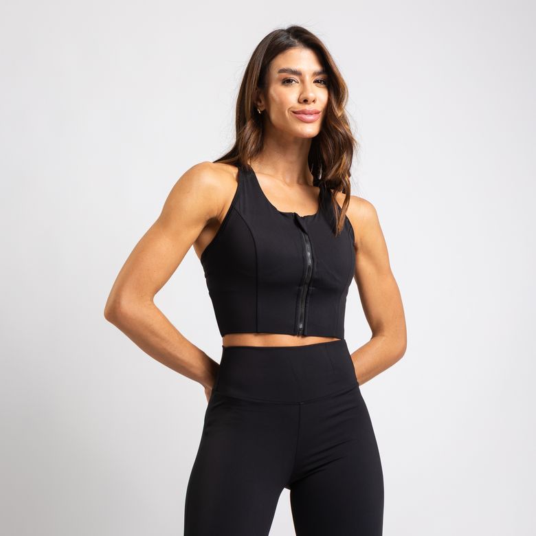 Top Cropped Fitness Cós Super Largo Reforçado Fecho Frontal Tratorado Bojo Embutido Preto TP1832