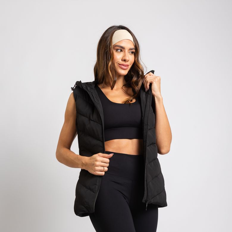 Colete Puffer Com Capuz Fixo Laterais em Tricot Elástico Preto CS115
