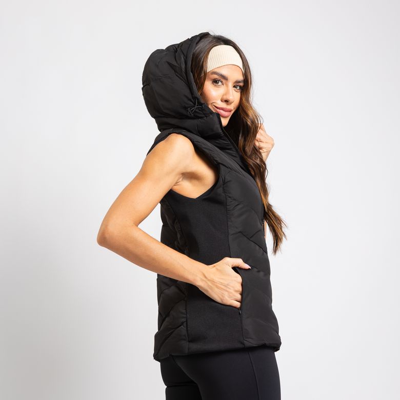 Colete Puffer Com Capuz Fixo Laterais em Tricot Elástico Preto CS115