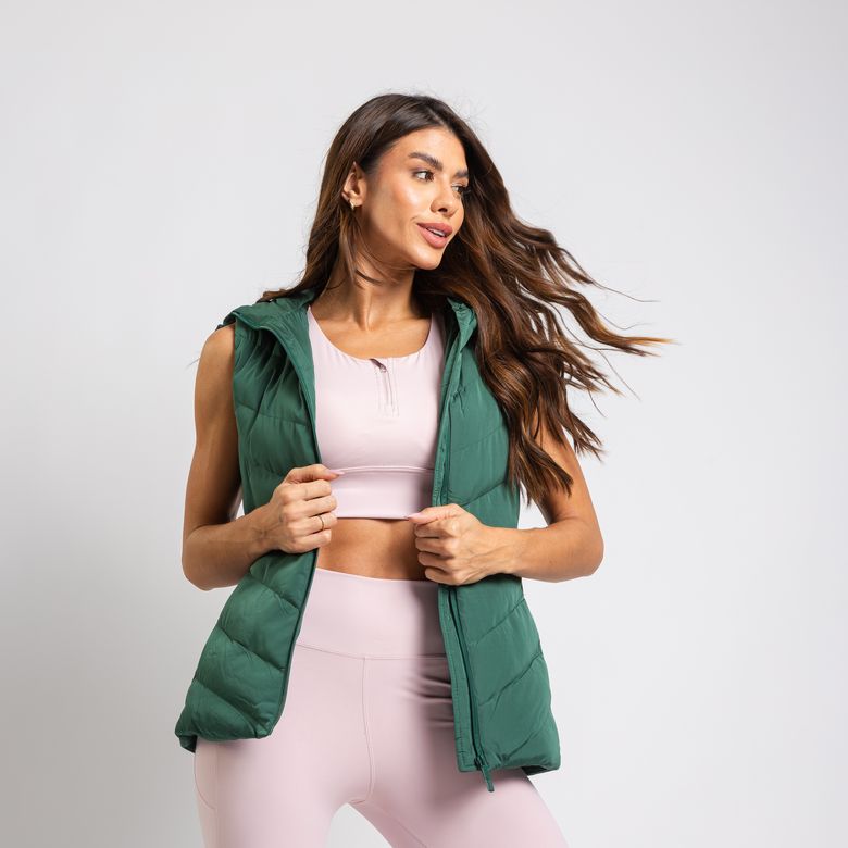 Colete Puffer Com Capuz Fixo Laterais em Tricot Elástico Verde CS117